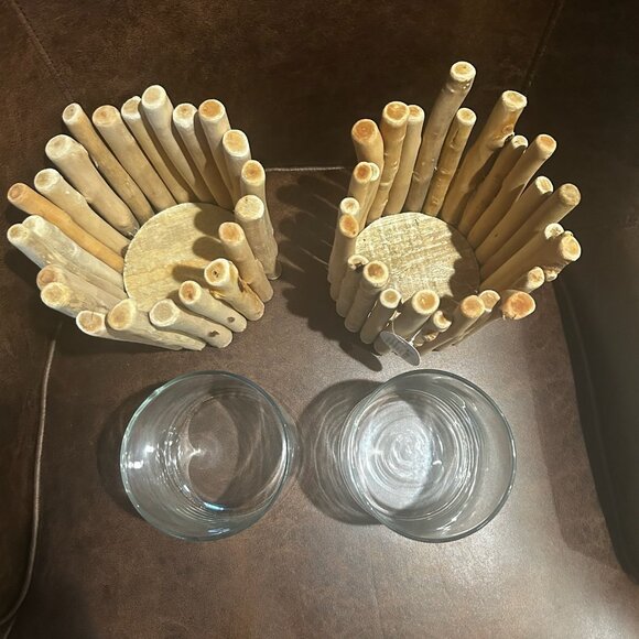 NWT Set of 2 Large Rustic Driftwood Candle Holders Vase Coastal Wedding Decor - Picture 6 of 11